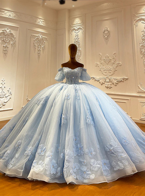 Blue tulle puff sleeve off the shoulder wedding dress with 3D tulle flowers - ball gown front view