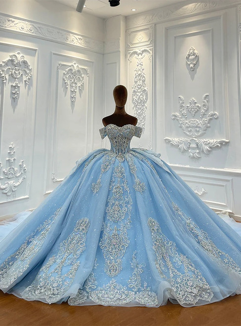 Sky blue tulle off the shoulder wedding dress with lace appliqués and beading - princess ball gown front view