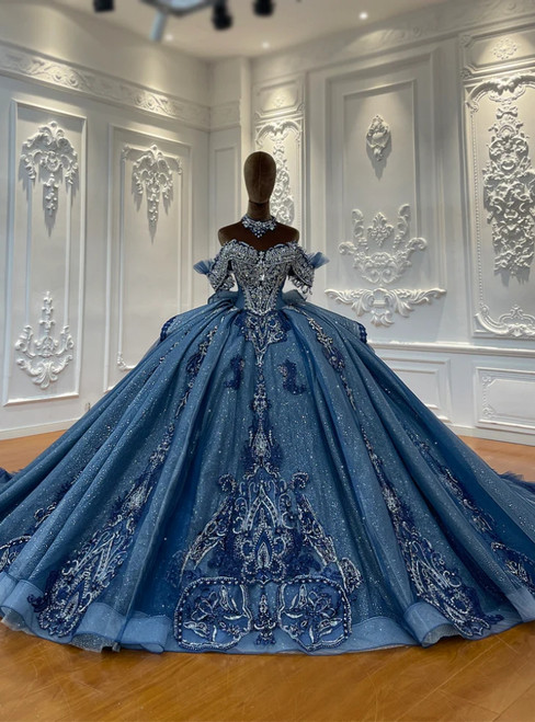 Blue Tulle Sequins Beading Princess Dress