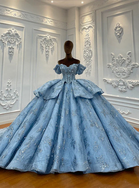 Blue off the shoulder tulle wedding dress with sequins and floral appliqués