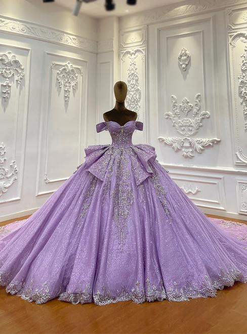 Purple Tulle Sequins Off the Shoulder Wedding Dress