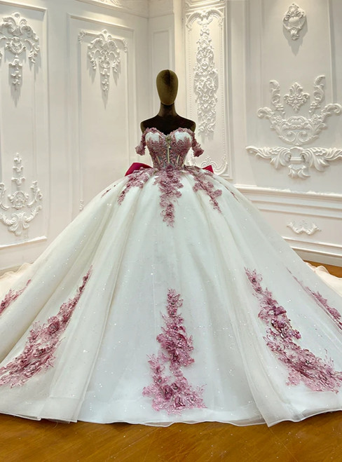 White Tulle Off the Shoulder Pink Appliques Wedding Dress