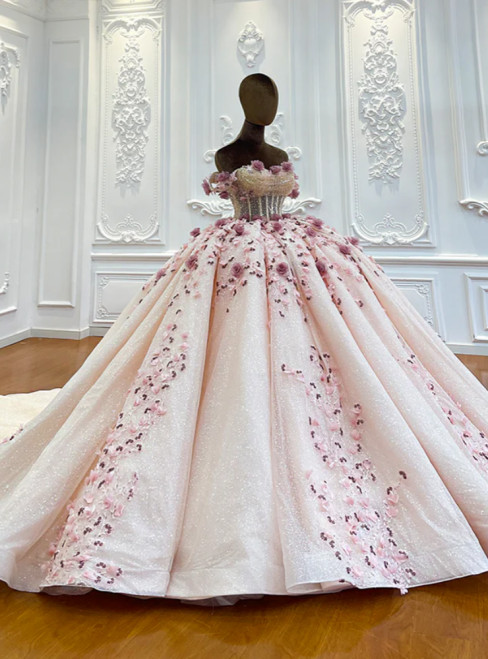 Ball Gown Pink Tulle Sequins Wedding Dress