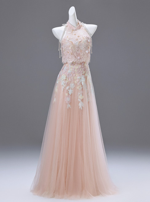 Pink Tulle Lace Beading Prom Dress