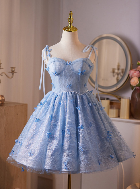 Blue Lace Sequins Butterfly Homecoming Dress