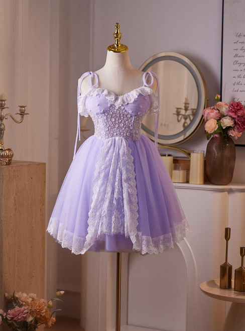 Purple Tulle Lace Sequins Straps Homecoming Dress