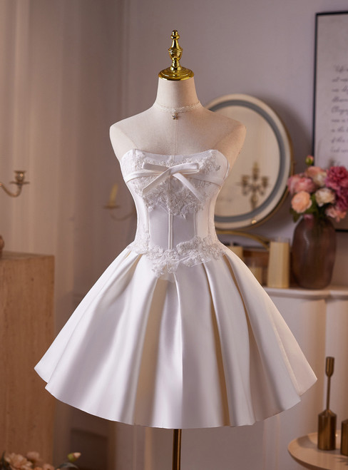 White Satin Strapless Appliques Homecoming Dress