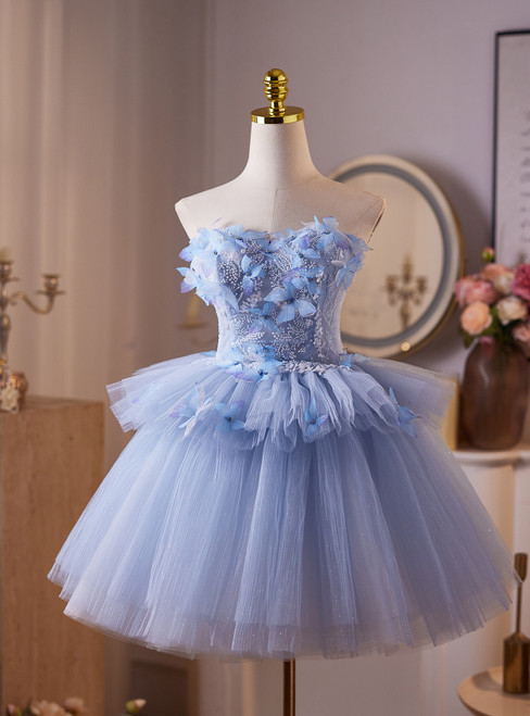Blue Tulle Strapless Butterfly Homecoming Dress