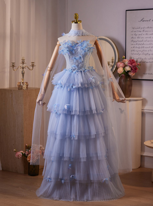 Blue Tulle Strapless Butterfly Prom Dress