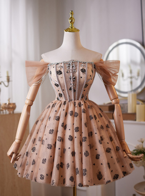 Champagne Tulle Off the Shoulder Beading Homecoming Dress