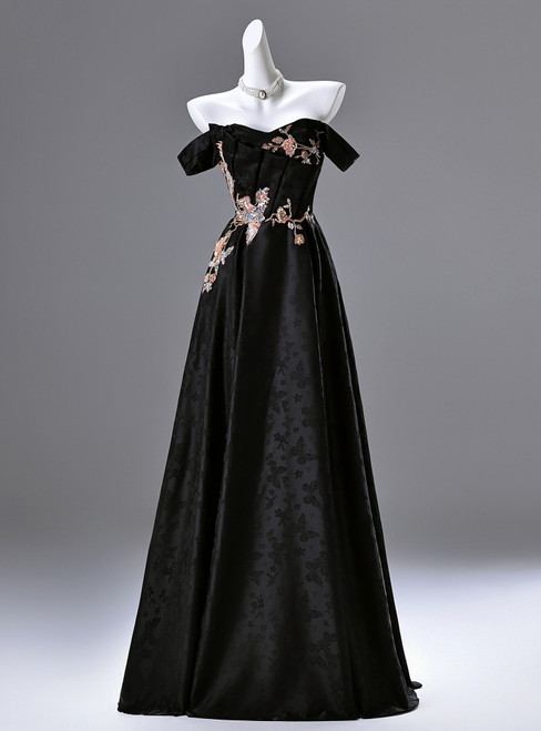 Black Off the Shoulder Appliques Prom Dress