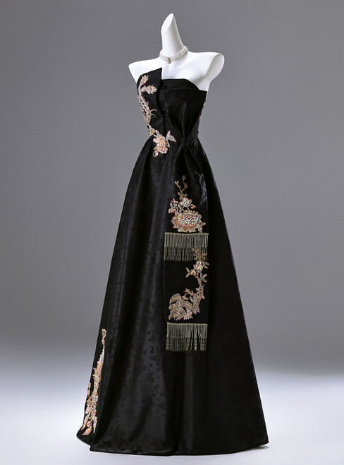 Black Strapless Appliques Beading Prom Dress