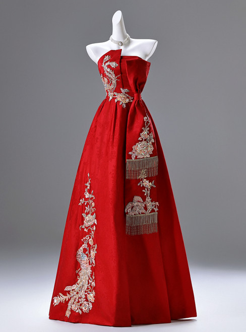 Red Strapless Appliques Beading Prom Dress