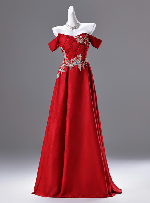 Red Off the Shoulder Appliques Prom Dress