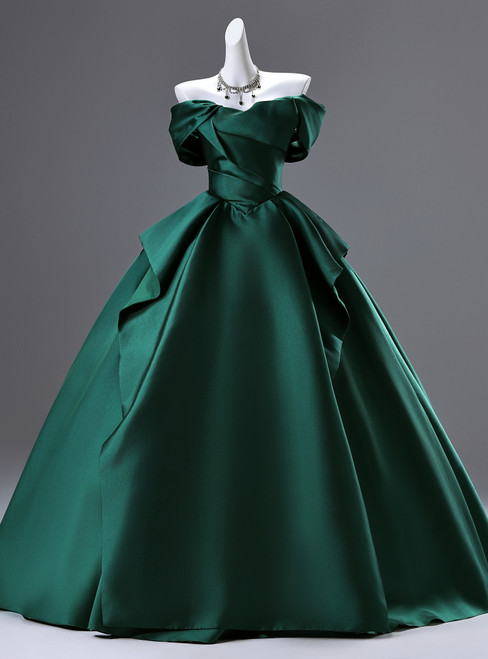 Simple Green Satin Off the Shoulder Pleats Quinceanera Dress