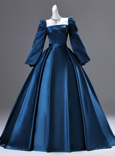 Blue Satin Long Sleeve Quinceanera Dress