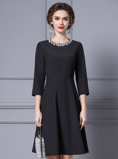 Black Scoop Neck 3/4 Sleeve Beading Mother Of The Bride Dress