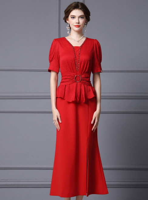 Red Short Sleeve Pleats Beading Prom Dress