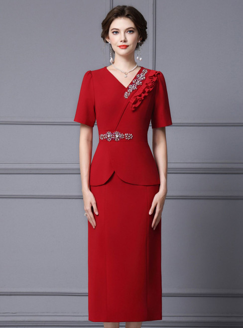 Red V-neck Short Sleeve Beading Crystal Mother Of The Bride Dress