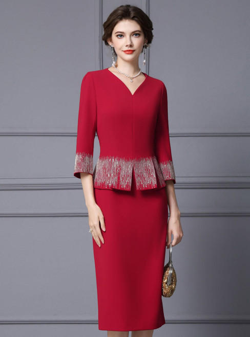 Red V-neck Short Sleeve Mother Of The Bride Dress