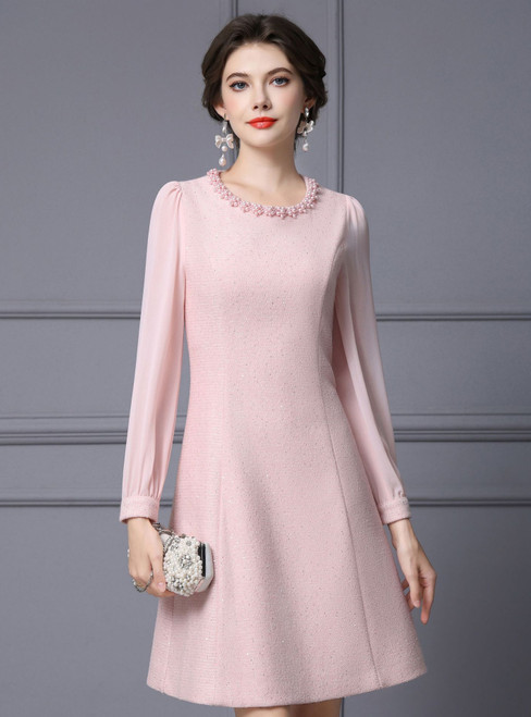Pink Long Sleeve Pearls Mother Of The Bride Dress