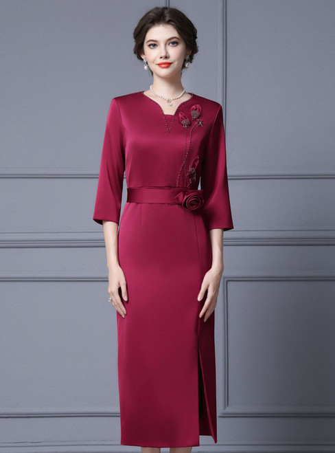 Burgundy Satin Short Sleeve Beading Flower Mother Of The Bride Dress