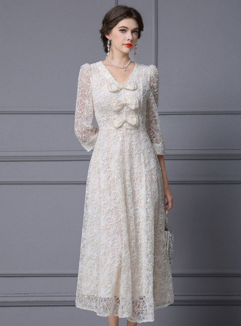 Beige White Lace 3/4 Sleeve Mother Of The Bride Dress