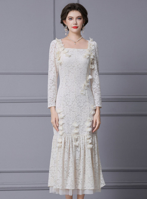 Beige White Lace Long Sleeve Flower Mother Of The Bride Dress