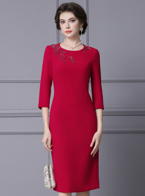 Simple Red 3/4 Sleeve Beading Mother Of The Bride Dress
