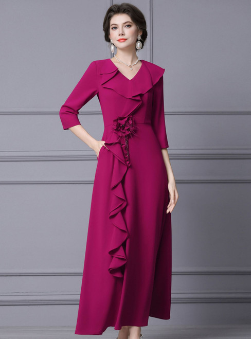 Fuchsia V-neck Short Sleeve Flower Mother Of The Bride Dress