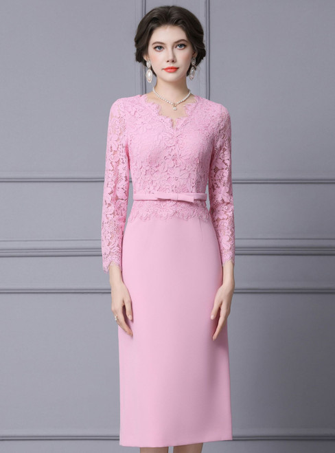 Pink Lace Long Sleeve V-neck Mother Of The Bride Dress