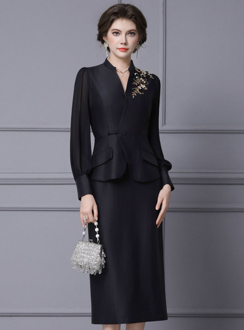 Long Sleeve V-neck Beading Mother Of The Bride Dress