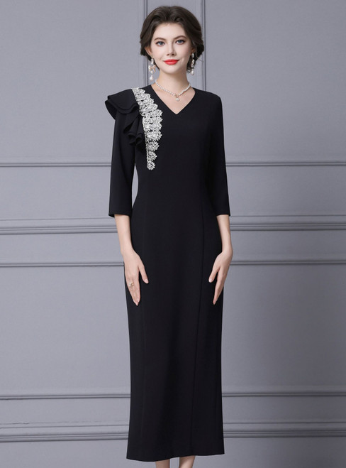 Black V-neck Short Sleeve Crystal Mother Of The Bride Dress