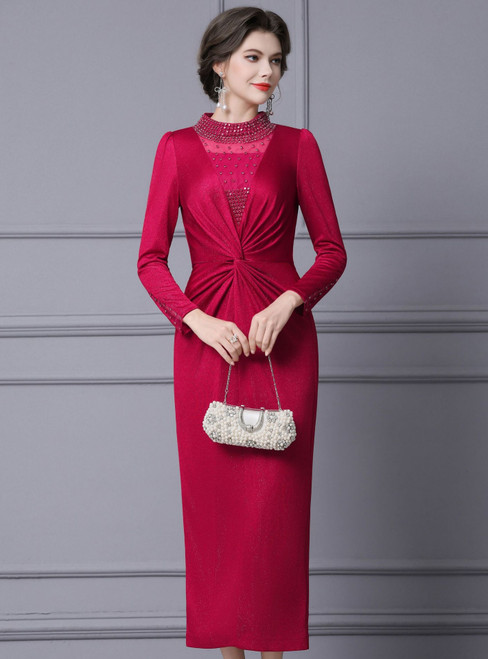 Red Long Sleeve High Neck Beading Pleats Mother Of The Bride Dress