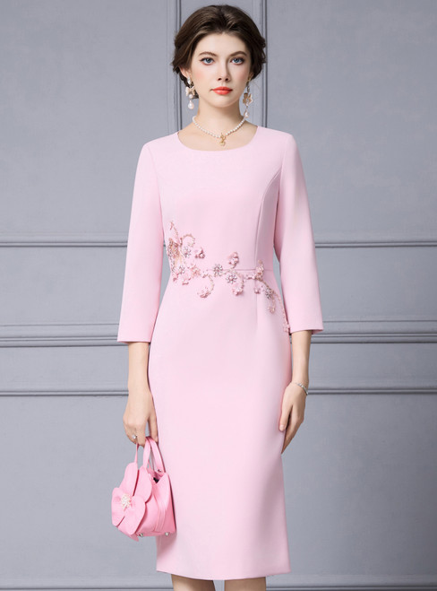 Pink 3/4 sleeve mother of the bride dress with beading and tea-length A-line skirt