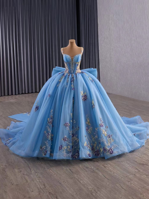 Blue Tulle Straps Appliques Prom Dress