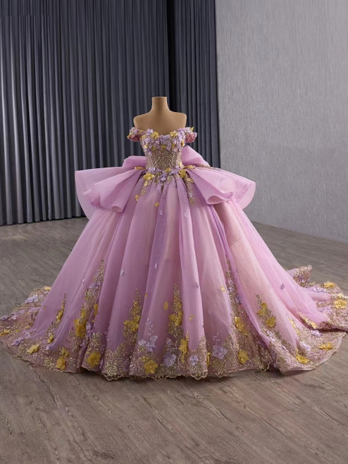 Pink Purple Tulle 3D Appliques Prom Dress