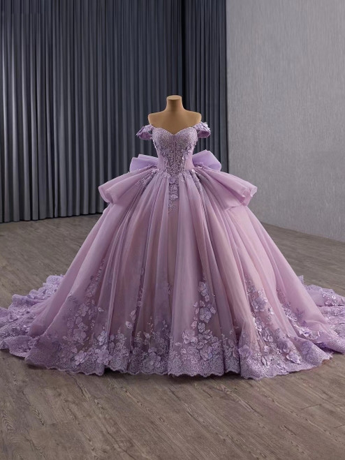 Purple Tulle 3D Appliques Prom Dress