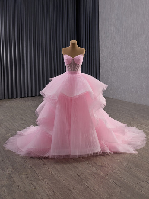 Pink Tulle Strapless Beading Pleats Prom Dress