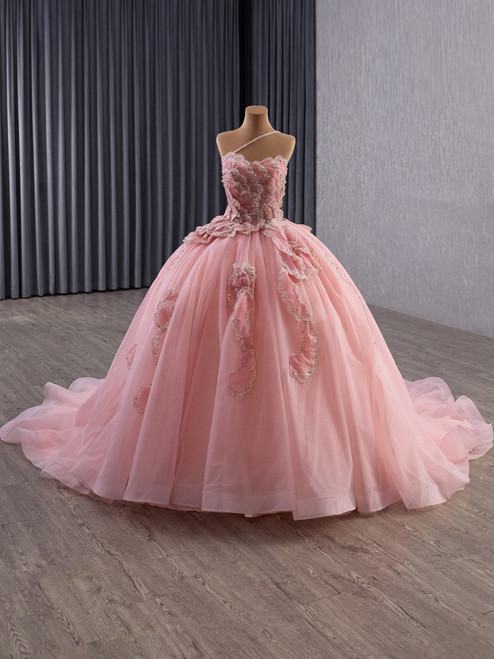 Pink Ball Gown Tulle Sequins Strapless Prom Dress