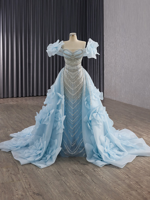 Blue Mermaid Sequins Beading Flower Prom Dress