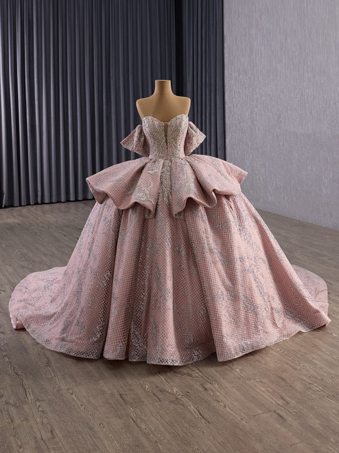 Pink Ball Gown Sequins Off the Shoulder Appliques Prom Dress