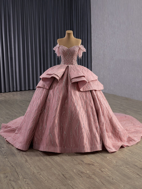 Luxury Pink Tulle Sequins Beading Off the Shoulder Prom Dress