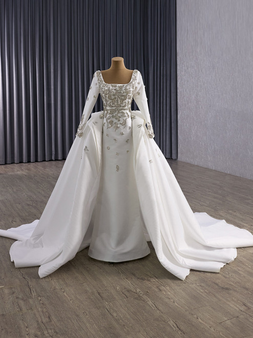 White Long Sleeve Square Neck Beading Wedding Dress