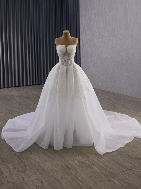 White Tulle Lace Strapless Beading Wedding Dress