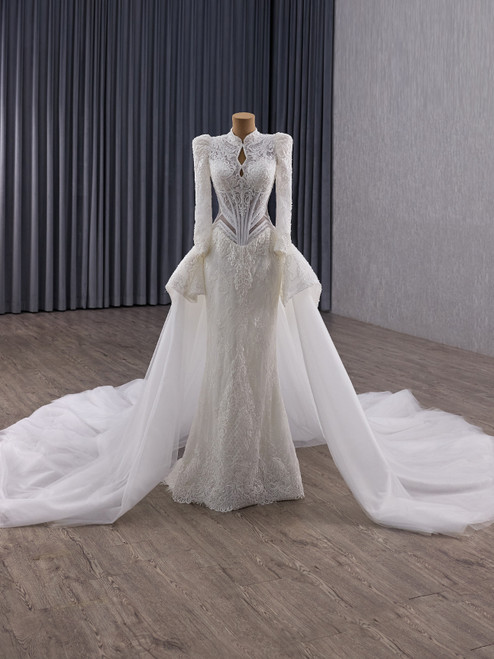 Fashion White Mermaid Tulle Lace Long Sleeve Wedding Dress