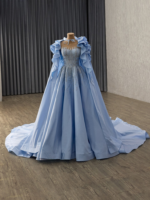 Blue Satin Sequins Sleeveless Prom Dress With Shawl