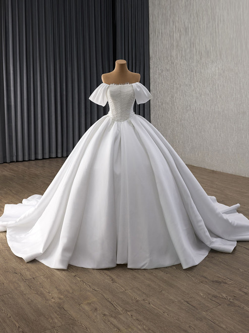White Satin Strapless Pearls Wedding Dress