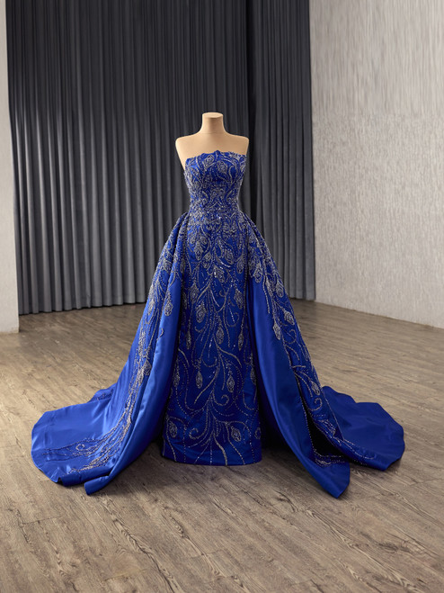 Blue Sequins Satin Strapless Beading Prom Dress