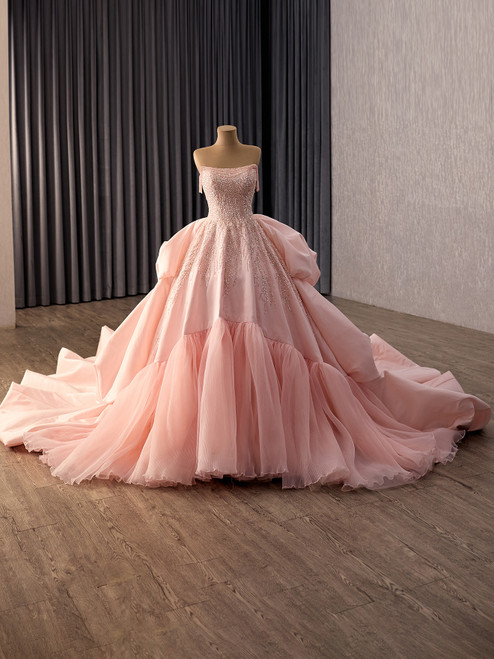 Pink Tulle Satin Strapless Sequins Beading Prom Dress